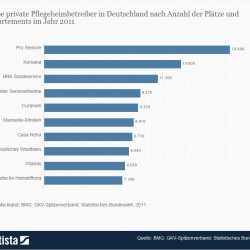 Statistiken über Altenpflege in Deutschland: Pflegebedürftige in Zahlen, Pflegekräfte zu ihrer Arbeit und die größten Pflegeheim-Betreiber Große private Pflegeheimbetreiber in Deutschland nach Anzahl der Plätze und Appartements im Jahr 2011 (Quelle: Statista / BMG; GKV-Spitzenverband; Statistisches Bundesamt)