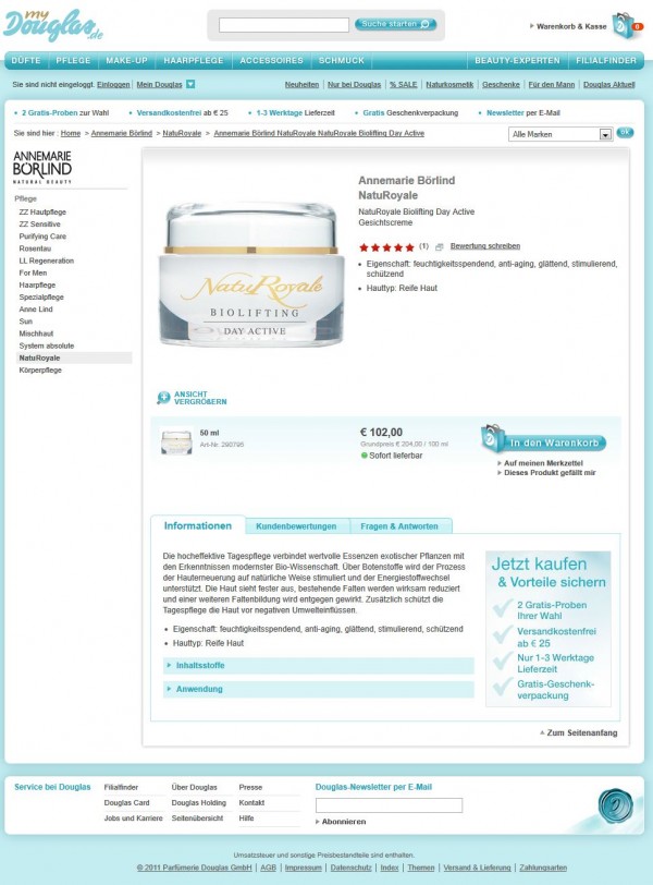 Die Annemarie Börlind Naturroyale Gesichtscreme gibt es u.a. bei Douglas (Website Screenshot 20110809) Die Annemarie Börlind Naturroyale Gesichtscreme gibt es u.a. bei Douglas (Website Screenshot 20110809)