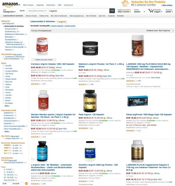 L-Arginin bei Amazon: Unzählige Produkte mit Arginin zur Nahrungsergänzung findet man auch bei Amazon (Screenshot am 19.08.2013)