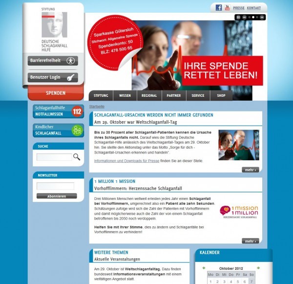 Hilfe verschiedener Art zum Thema Schlaganfall verspricht die Deutsche Schlaganfallhilfe (Screenshot www.schlaganfall-hilfe.de/ am 31.10.2012) Hilfe verschiedener Art zum Thema Schlaganfall verspricht die Deutsche Schlaganfallhilfe (Screenshot www.schlaganfall-hilfe.de/ am 31.10.2012)