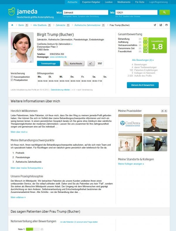 Jameda.de: Beispiel eines Arztprofils mit Bewertungsnoten (Screenshot http://www.jameda.de/berlin/zahnaerzte/aesthetische-zahnmedizin/birgit-trump-bucher/uebersicht/81202292_1/ am 06.11.2012) Jameda.de: Beispiel eines Arztprofils mit Bewertungsnoten (Screenshot http://www.jameda.de/berlin/zahnaerzte/aesthetische-zahnmedizin/birgit-trump-bucher/uebersicht/81202292_1/ am 06.11.2012)