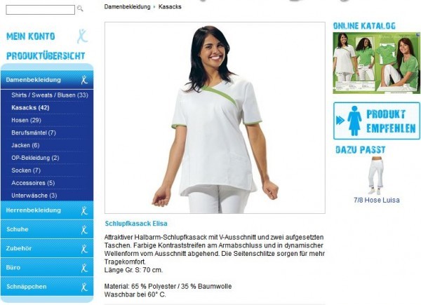 Kasacks bei WD-Praxis: Ein Kasack wird von vielen Ärzten als Schlupfkittel / Schlupfkasack geschätzt (hier Screenshot www.wd-praxis.de/Damenbekleidung/Kasacks/Schlupfkasack_Elisa-350069108-85659-253-262.html, 18.03.2013)