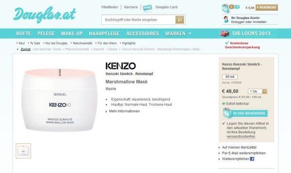 Kenzo Kenzoki Sinnlich Reisdampf Maske bei Douglas.at (Screenshot http://www.douglas.at/douglas/Pflanzenkosmetik-Gesicht-Maske-Kenzo-Kenzoki-Sinnlich-Reisdampf-Marshmallow-Mask_product_3000043706.html am 06.03.2013)