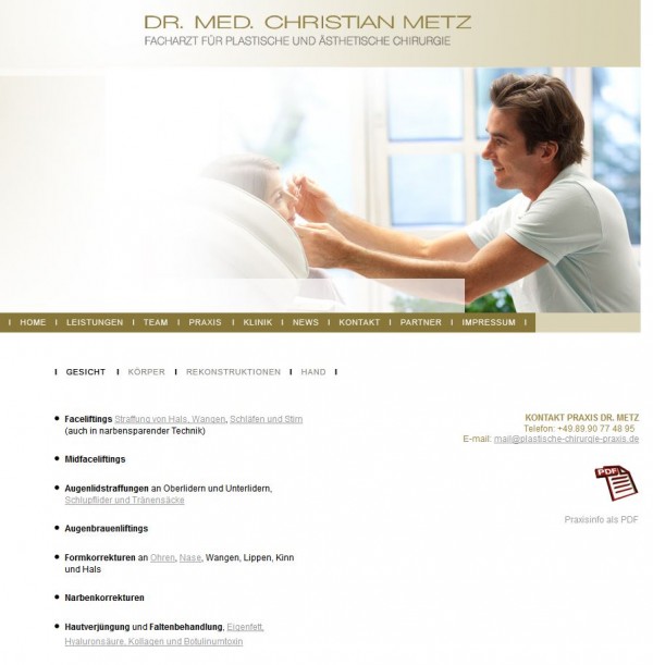 Plastische Chirurgie Praxis Christian Metz München (Screenshot http://www.plastische-chirurgie-praxis.de/html/leistungen.html am 10.05.2013)