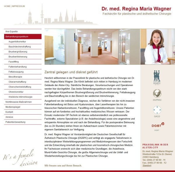 Dr. med. Regina Maria Wagner - Fachärztin für plastische und ästhetische Chirurgie (Screenshot der Website vom 15.11.2012)