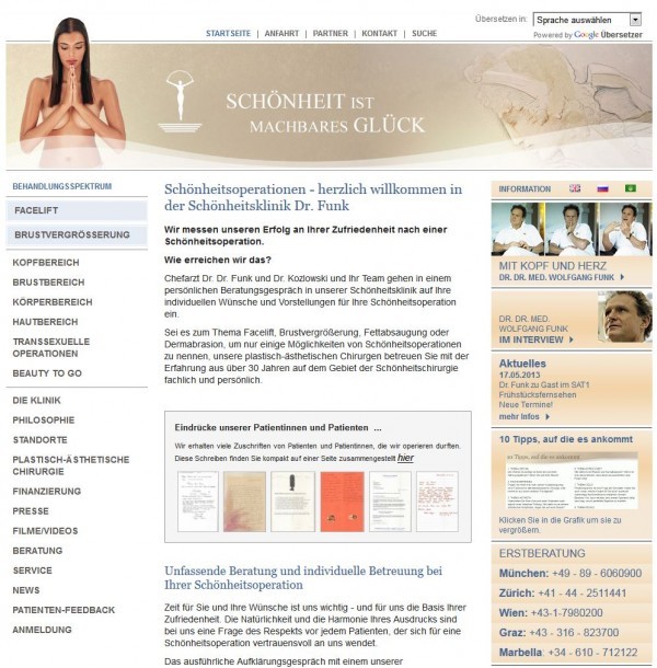 Schoenheitsklinik.com - Schönheitschirurgen in München - Website Screenshot http://www.schoenheitsklinik.com/ am 10.05.2013