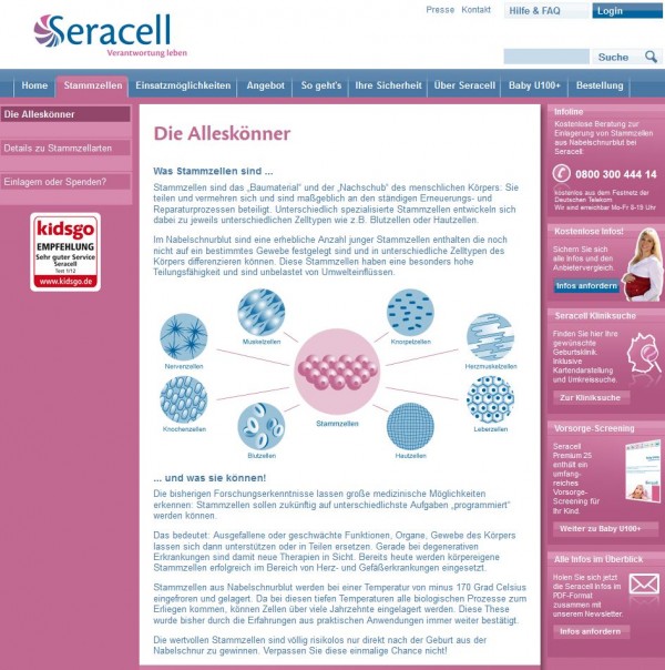Stammzellen als Baumaterial und Nachschub des menschlichen Körpers - Website Screenshot der privaten Nabelschnurblutbank Seracell unter www.seracell.de/stammzellen/die-alleskoenner