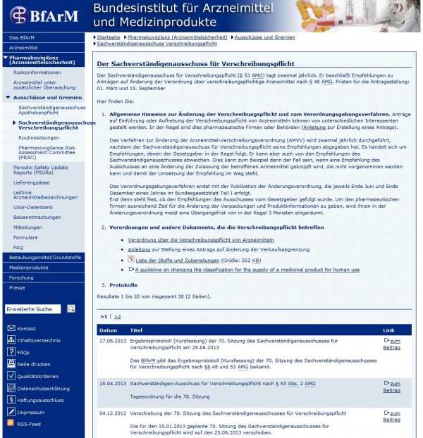 Der Sachverständigenausschuss für Verschreibungspflicht - Infos des Bundesinstituts für Arzneimittel und Medizinprodukte (Screenshot www.bfarm.de/DE/Pharmakovigilanz/gremien/Verschreibungspflicht/functions/verschreibungspflicht-node.html am 02.07.2013)