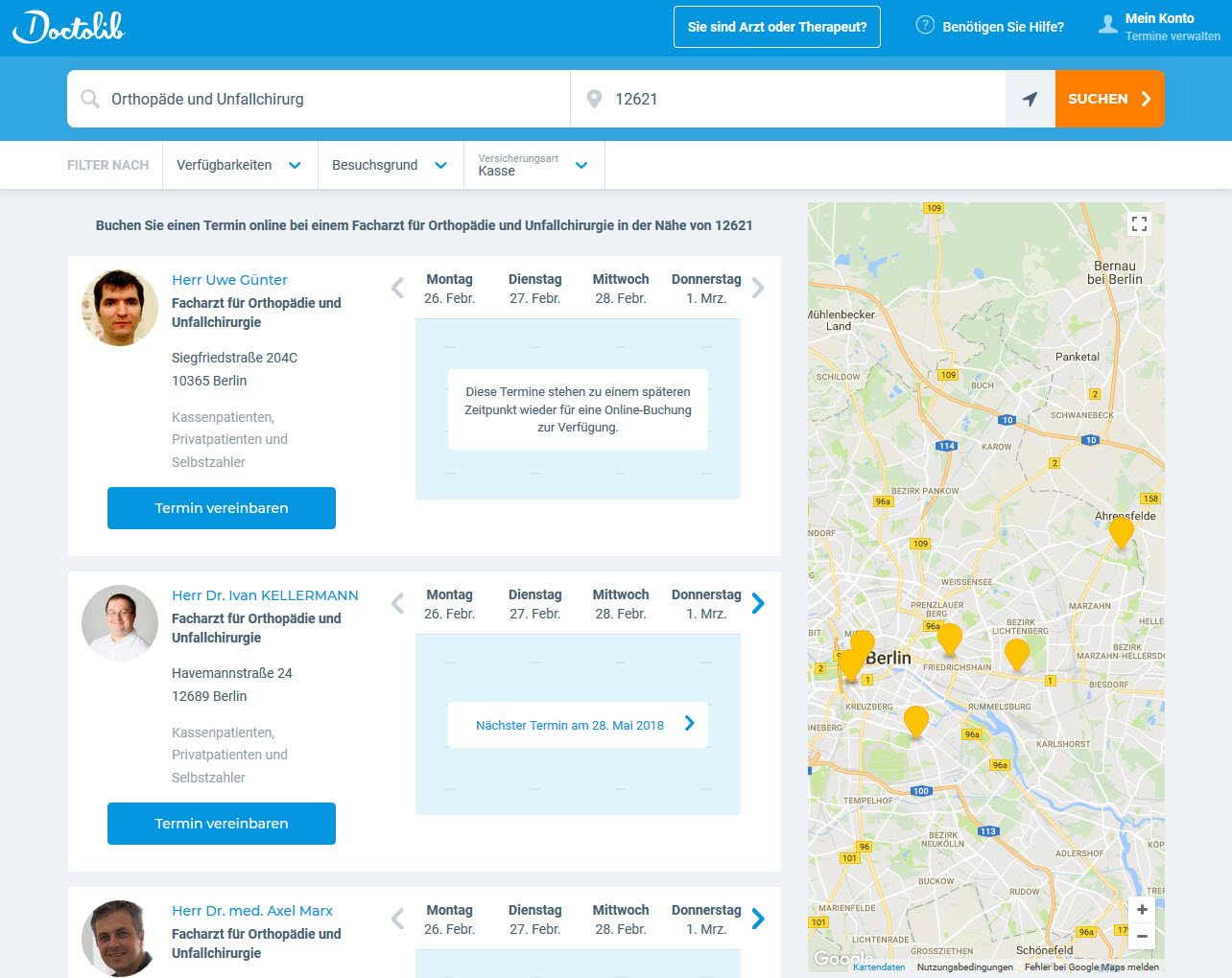 Onlineplattformen wie "Doctolib" ermöglichen es, Fachärzte einer bestimmten Fachrichtung in der Umgebung zu finden, die noch einen Termin frei haben (Screenshot doctolib.de/orthopadie/12621-berlin am 26.02.2018) Onlineplattformen wie "Doctolib" ermöglichen es, Fachärzte einer bestimmten Fachrichtung in der Umgebung zu finden, die noch einen Termin frei haben (Screenshot doctolib.de/orthopadie/12621-berlin am 26.02.2018)