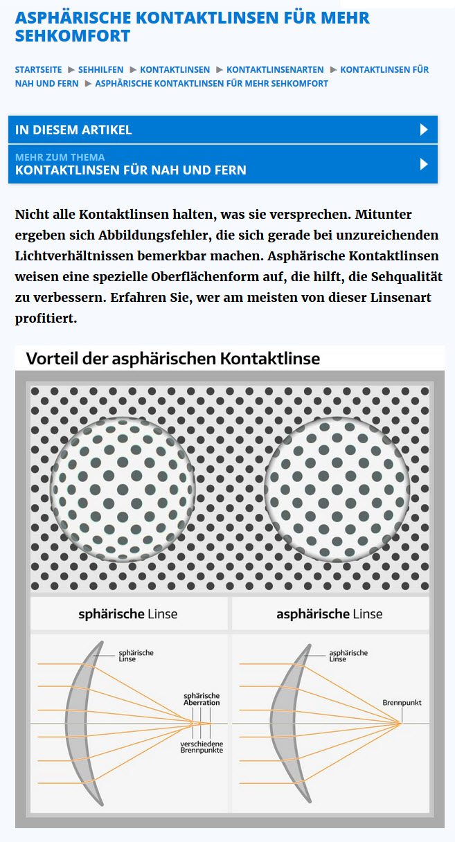 Asphärische Kontaktlinsen | Die Vorteile asphärischer Linsen sind sehr gut erklärt unter https://www.blickcheck.de/sehhilfen/kontaktlinsen/kontaktlinsenarten/nach-sehstaerke/asphaerische-kontaktlinsen/ (Screenshot vom 18.03.2017)