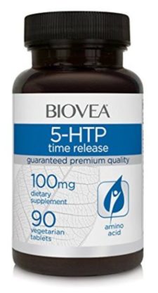 BIOVEA wirbt für sein 5-HTP mit zeitverzögerte Abgabe des 5-Hydroxytryptophan Wirkstoffs aus der Griffonia Schwarzbohne (Amazon, B004IF0W1U)