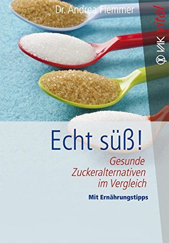 Buch: "Echt süß!: Gesunde Zuckeralternativen im Vergleich Mit Ernährungstipps" | Beschreibung: "Alternativen zum Zucker sind heute gefragter denn je: Immer mehr Menschen leiden an Diabetes oder Übergewicht und müssen auf ihren Zuckerstoffwechsel achten. Andere wollen der Gesundheit zuliebe bestimmte Substanzen vermeiden. Allen gemeinsam ist jedoch: Sie suchen nach natürlichen und gesunden Süßungsmitteln. Dieses Buch gibt einen umfassenden Überblick über gesunde Zuckeralternativen und ihre Wirkungen auf den Stoffwechsel: Es beschreibt Vorteile und Anwendung der natürlichen, eindeutig positiven Zuckerersatzstoffe (im Vergleich zu vermeintlich gesunden Substanzen und Süßstoffen) und gibt Hinweise auf Bezugsquellen. Sie erhalten Antworten auf folgende Fragen: - Süßstoffe und Zuckeraustauschstoffe – worin besteht der Unterschied? - Was ist zu halten von Aspartam, Isomalt, Saccharin, Maltodextrin und Co.? Wie ist das mit Karies bei Zuckerersatzstoffen? Welche empfehlenswerten Zuckeralternativen gibt es – außer Stevia? Was nimmt man für kalte Speisen und Getränke, was zum Kochen oder Backen und wie viel?" (Amazon)