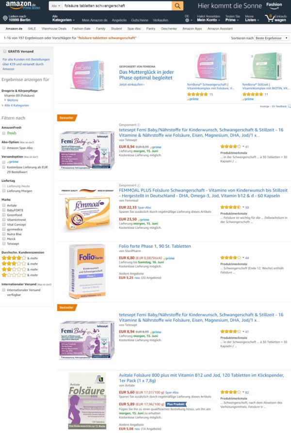 Sucht man "Folsäure Tabletten Schwangerschaft" bei Amazon, findet sich eine lange Liste entsprechender Kombi-Präparate (Screenshot 14.06.2018)