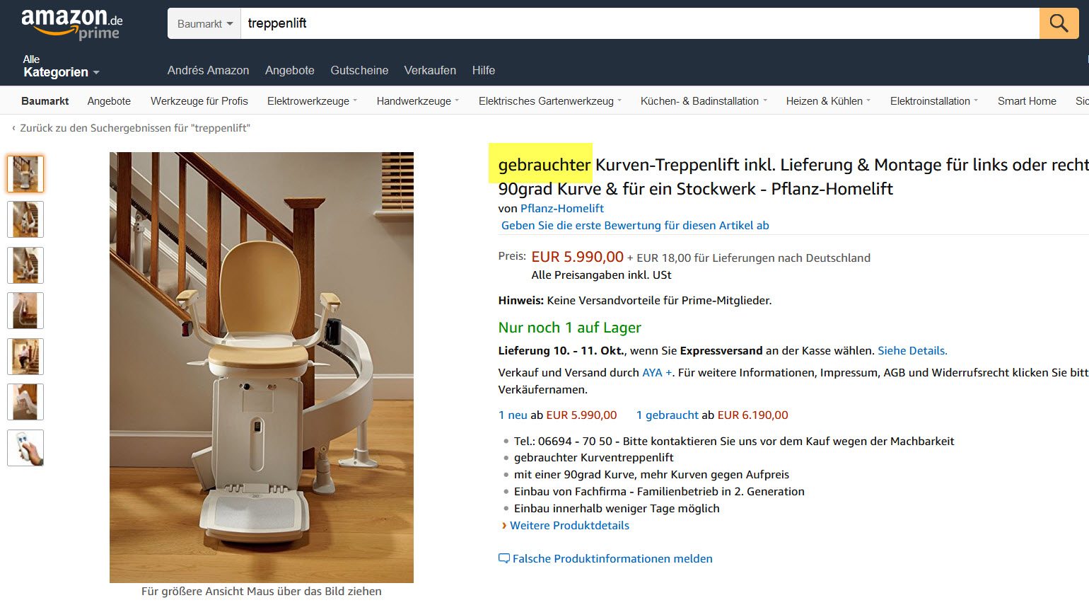 Treppenlift gebraucht: Selbst bei Amazon findet man gebrauchte Treppenlifte - hier sogar als Kurventreppenlift - die inklusive Montage und Service verkauft werden. Ganz so einfach, wie es klingt, ist es oft aber nicht, denn es müssen die lokalen Besonderheiten berücksichtigt werden (Screenshot amazon.de vom 06.10.2017)