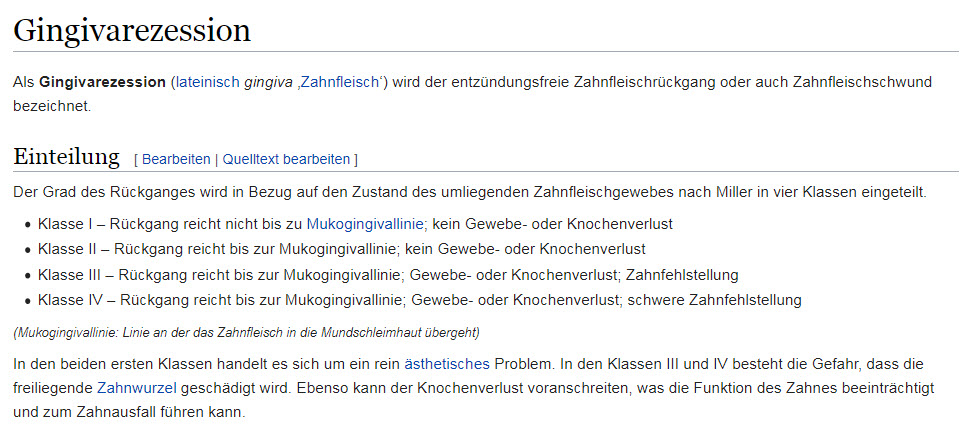 Gingivarezession Wiki: Der Wikipedia-Artikel erläutert, wie der Schweregrad von Zahnfleischrückgang / Zahnfleischschwund nach Miller in vier Klassen eingeteilt wird