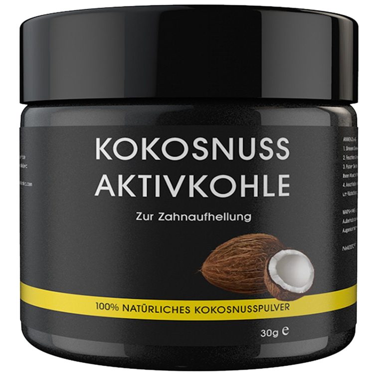 Kokusnuss (Kokosnusspulver) + Aktivkohle zur Zahnaufhellung (Amazon)