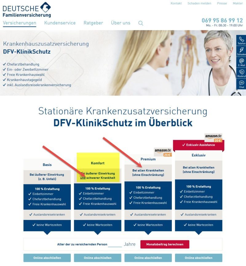 Private Krankenhauszusatzversicherung ohne Wartezeit | Beim DFV KlinikSchutz der Deutschen Familienversicherung gibt es verschiedene Subtarife: KOMFORT versichert nur bestimmte schwere Krankheiten - besonders günstig -, während Premium für alle Krankheiten gilt (Screenshot 06.03.2017) Private Krankenhauszusatzversicherung ohne Wartezeit | Beim DFV KlinikSchutz der Deutschen Familienversicherung gibt es verschiedene Subtarife: KOMFORT versichert nur bestimmte schwere Krankheiten - besonders günstig -, während Premium für alle Krankheiten gilt (Screenshot 06.03.2017)