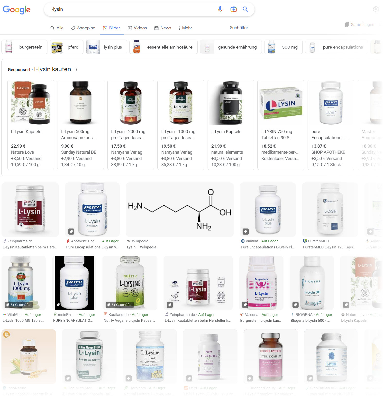 L-Lysin ist als Nahrungsergänzungsmittel sehr beliebt - eine Google-Bildersuche zeigt, wie viele Anbieter und Produkte es gibt. Für Menschen, aber auch für Tiere wie z.B. Pferde. (Screenshot Google Bildersuche 12.04.2023)