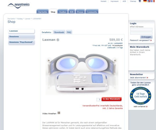 Hightech zur audiovisuellen Stimulation: das LAXMAN Set verspricht Unterstützung beim Stressabbau, Förderung der Leistungsfähigkeit bis hin zu parapsychologischen Neuro-Enhancements (Screenshot neurotronics.eu/shop/Laxman/Laxman-reg%3B::1.html am 06.01.2014)