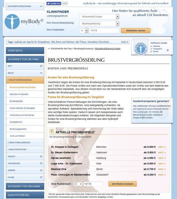 Brustvergrößerung Kosten / Preisbeispiele (Screenshot mybody.de/brustvergroesserung-kosten.html am 31.03.2016)