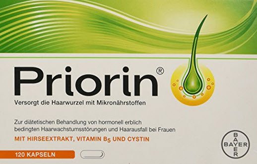 Priorin: Nahrungsergänzungsmittel für das Haarwachstum; zur diätetischen Behandlung von hormonell erblich bedingten Haarwachstumsstörungen und Haarausfall bei Frauen. Versorgt die Haarwurzel mit Mikronährstoffen, u.a. Hirseextrakt, Vitamin B5 und Cystin (Amazon, B00E63ACZK)