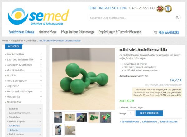 Greif- und Fixierhilfe: mr.flint Haltefix Gnubbel Universal-Halter im Sanitätsshop semed.de (Screenshot am 21.07.2017) Greif- und Fixierhilfe: mr.flint Haltefix Gnubbel Universal-Halter im Sanitätsshop semed.de (Screenshot am 21.07.2017)