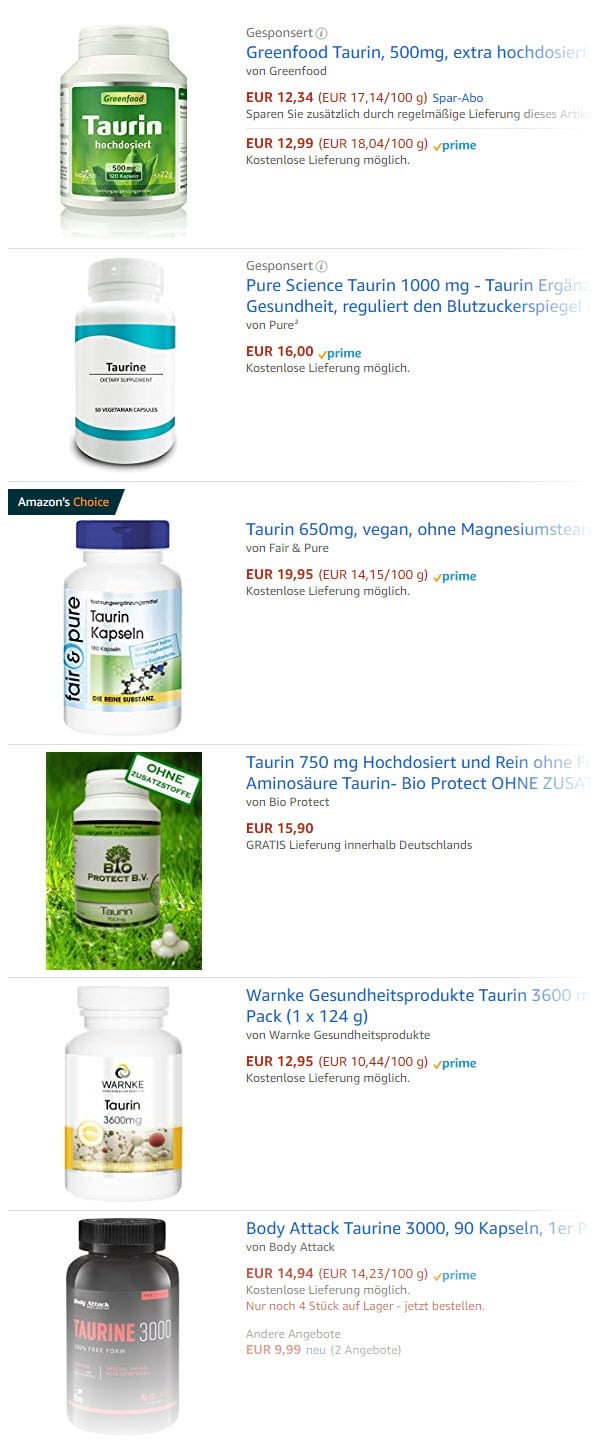 Wer Taurin kaufen will, findet nicht nur bei Amazon eine Vielzahl an Taurin Kapseln unterschiedlicher Dosierung (Amazon)