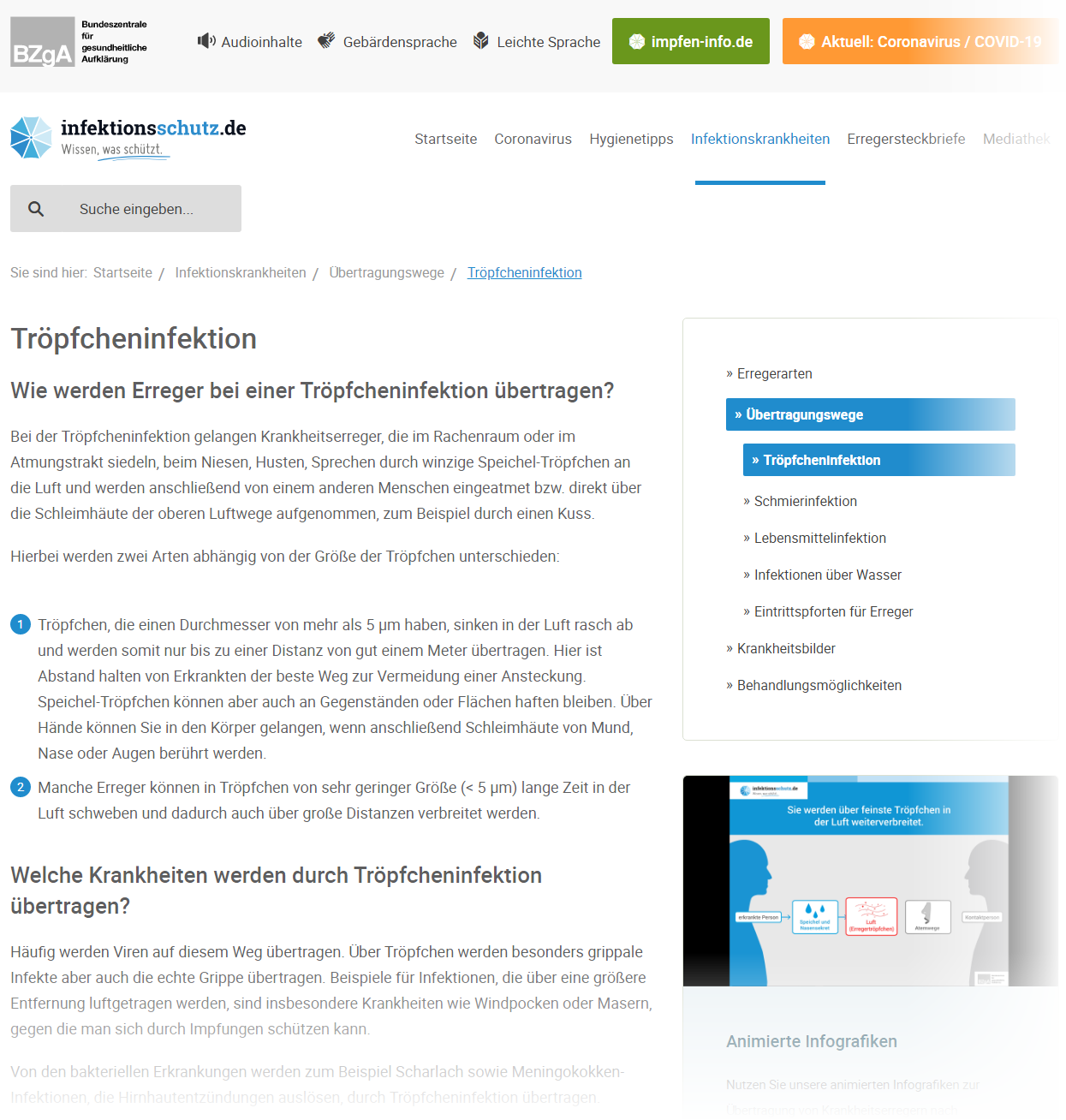 Tröpfcheninfektion Definition | Wie werden Erreger bei einer Tröpfchen-Infektion übertragen? (Screenshot infektionsschutz.de/infektionskrankheiten/uebertragungswege/troepfcheninfektion.html am 25.11.2020)