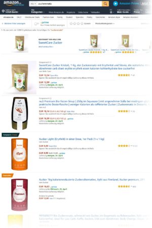 Zuckerersatzstoffe > Wer bei Amazon nach "Zuckerersatz" sucht, findet eine riesige Auswahl an Süßungsmitteln als Zuckeralternativen auf Basis von Stevia, Erythrit / Erythritol, Xylit u.a. - so viel gesünder, wie manche Verbraucher glauben, sind diese Zuckeralternativen aber auch nicht